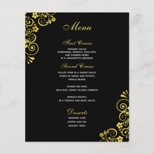 Stilvolles Black Gold Swirl Wedding Menü (Vorderseite)