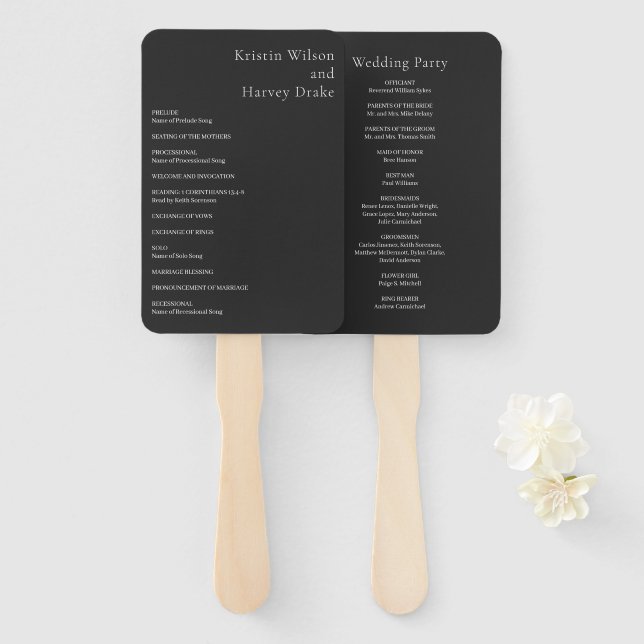Stilvolles Black Modern Wedding Programm Fächer (Vorne und Hinten)