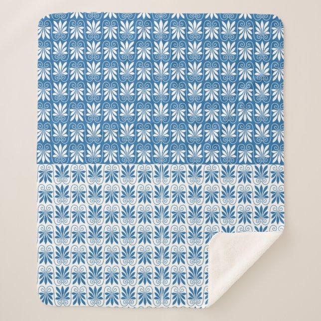 Stilvolles Blau-Weiß-Griechisches Blumenmuster Sherpadecke (Vorderseite)