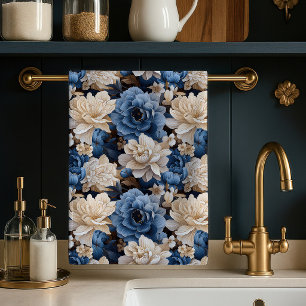 Stilvolles blau weißes Blumen- Küchentuch aus Elfe