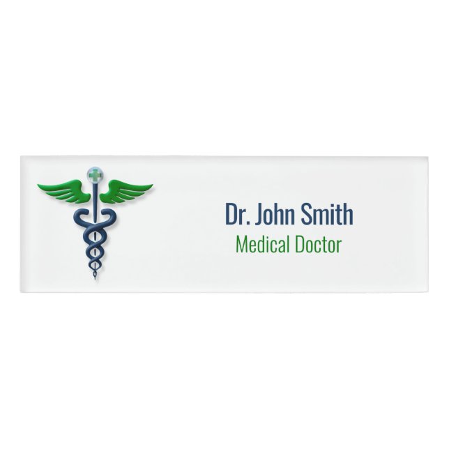 Stilvolles blaues Medical Caduceus Green Wings Cro Namenschild (Vorderseite)