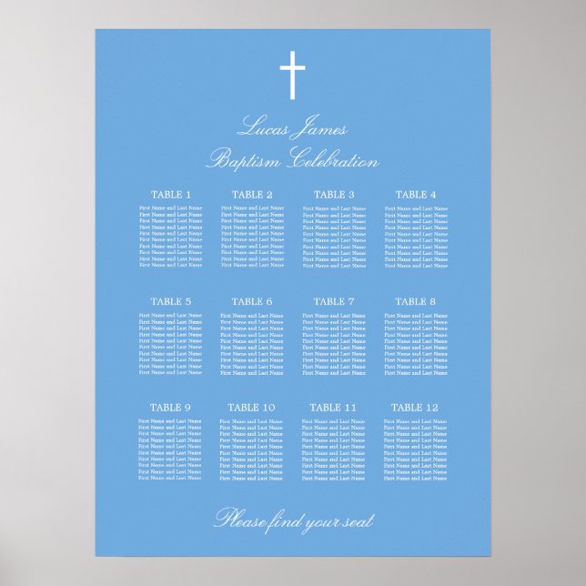Stilvolles Blue 12 Table Baptim Seating Chart Post Poster (Vorne)