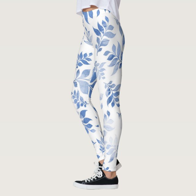 Stilvolles Blumenleder: Blaue Blume und Blätter dr Leggings (Links)