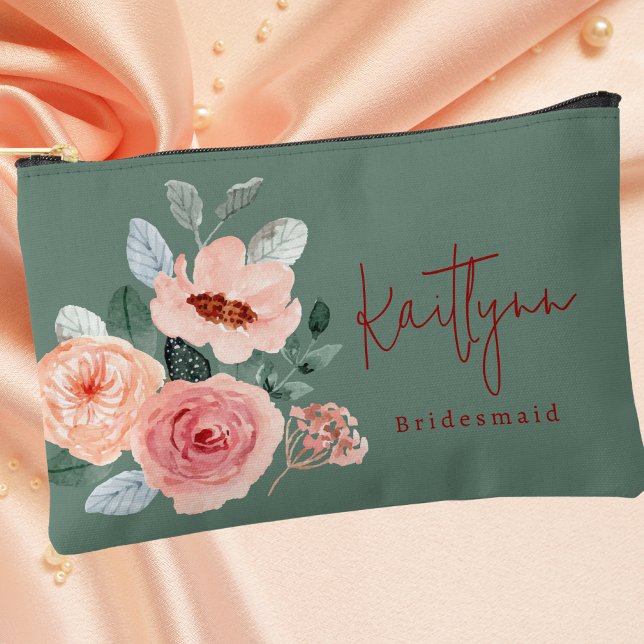 Stilvolles Blumenmuster Grün & Orange Peach Script Zubehörtasche (Von Creator hochgeladen)