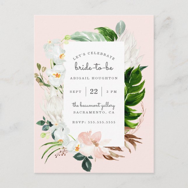 Stilvolles Blush & Tropical Greenery Brautparty Einladungspostkarte (Vorderseite)