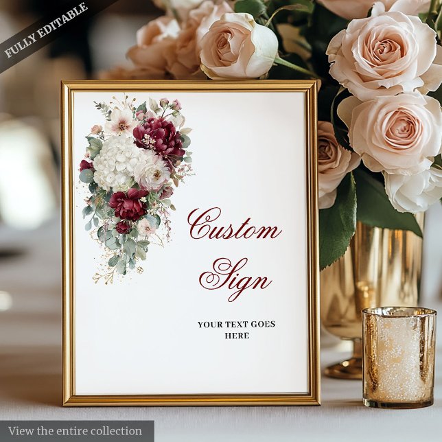 Stilvolles Boho Burgundy White Floral Wedding Sign Poster (Stylish Boho Burgundy White Floral Wedding Sign)