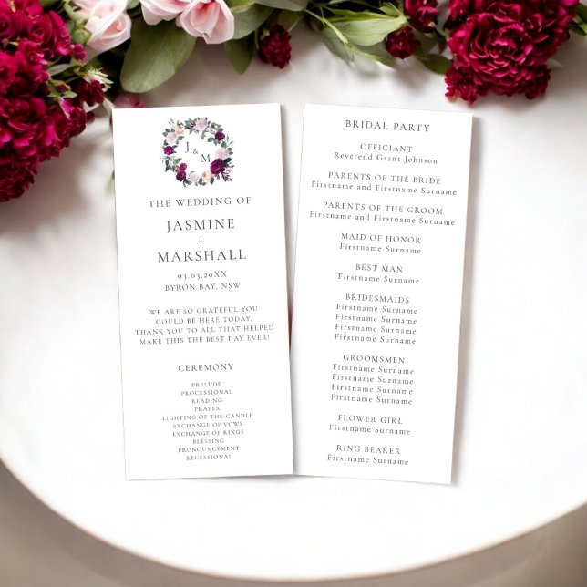 Stilvolles Bordeaux-Monogramm-Hochzeitsprogramm (wedding program burgandy floral monogram )