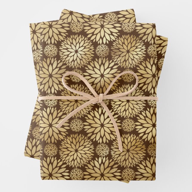 Stilvolles Braun & Gold Dahlias-Muster Geschenkpapier Set (Beispiel)