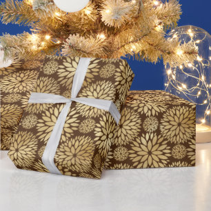 Stilvolles Braun- und Gold-Dahlien-Muster   Geschenkpapier