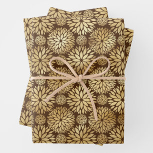 Stilvolles braunes und goldenes Dahlias-Muster  Geschenkpapier Set