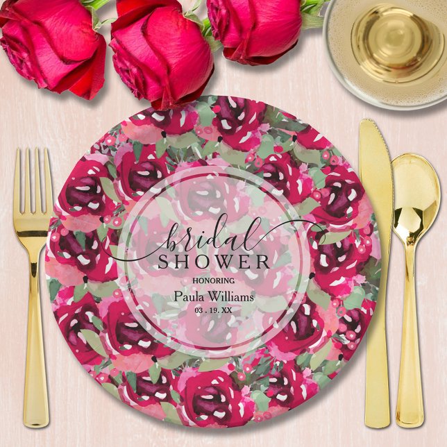 Stilvolles Brautparty in Watercolor Pink Pappteller (Chic pink watercolor floral bridal shower personalized paper plates)