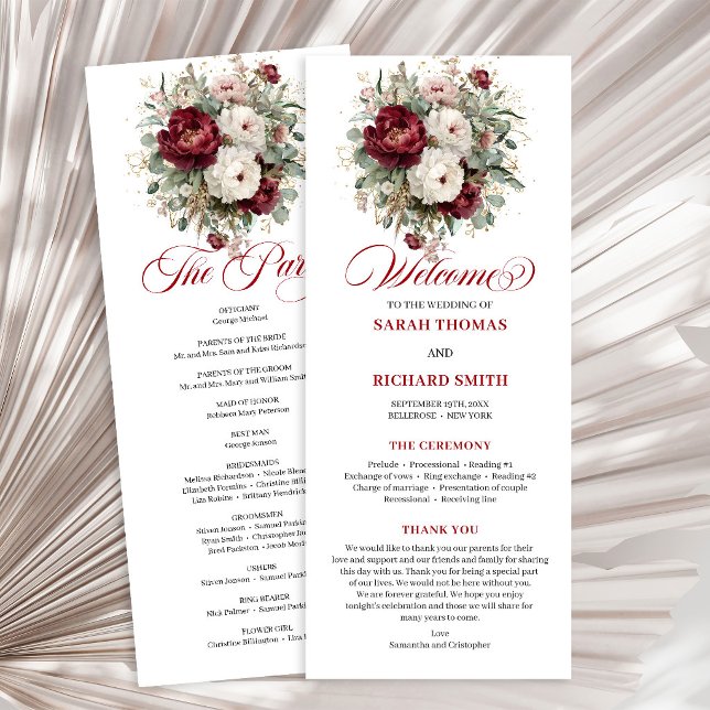 Stilvolles Brautprogramm mit rosafarbenem Burgunde Programm (Stylish Blush Burgundy Greenery Wedding Program)