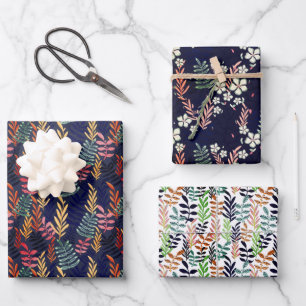 Stilvolles, buntes Muster botanischer Vegetation Geschenkpapier Set