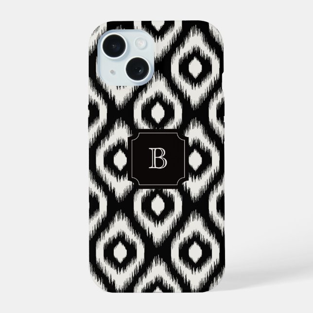 Stilvolles Chic Black Ivory Diamond Ikat Monogram iPhone 15 Hülle (Rückseite)