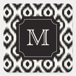 Stilvolles Chic Black Ivory Diamond Ikat Monogram Quadratischer Aufkleber