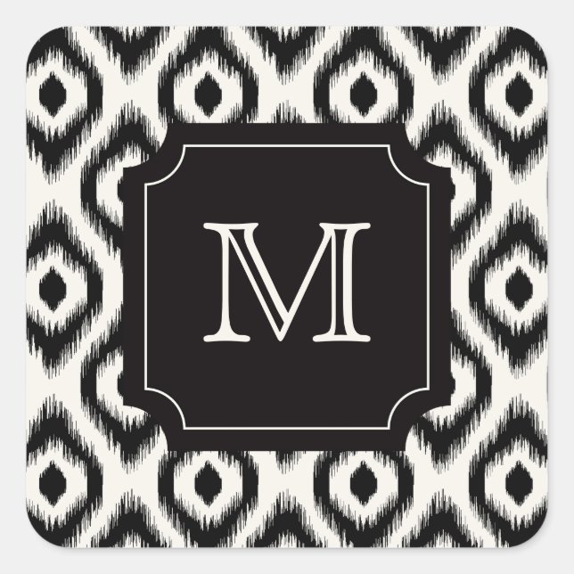 Stilvolles Chic Black Ivory Diamond Ikat Monogram Quadratischer Aufkleber (Vorderseite)