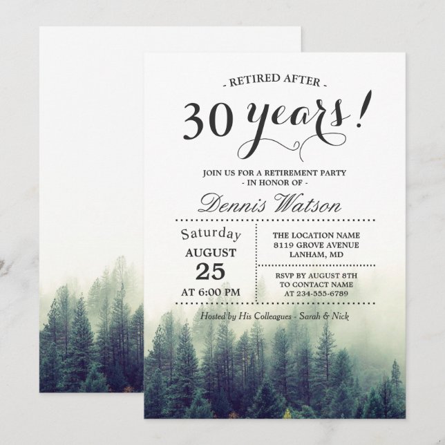 Stilvolles Chic Forest Pine Trees Retirement Party Einladung (Vorne/Hinten)