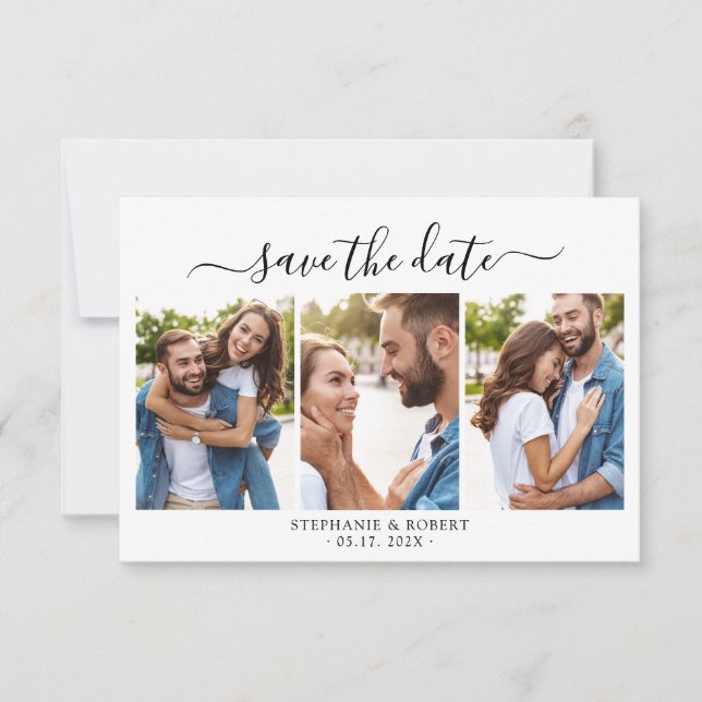 Stilvolles Chic Script 3 Foto Collage Wedding Save The Date (Vorderseite)
