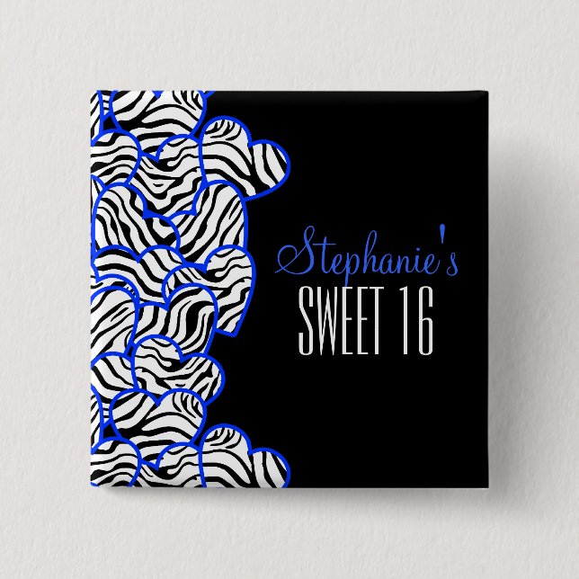 Stilvolles Cobalt Sweet 16 Zebra Herzdesign Name Button (Vorderseite)