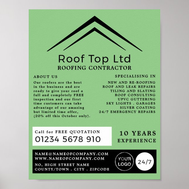 Stilvolles Dach, Roofer, Dachverkäufer-Werbung Poster (Vorne)