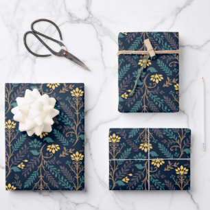 Stilvolles dunkelblaues Stoffmuster mit Blumen  Geschenkpapier Set