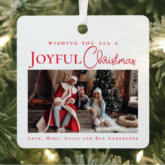 Stilvolles Elegant Red Merry Weihnachtsfamilie Fot Ornament Aus Metall (Elegant Merry Christmas ornament with family photo and elegant red script)