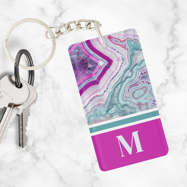Stilvolles Elegant Trendy Agate Initial Monogram Schlüsselanhänger (Stylish Teal Magenta Pink Agate Stone Monogram Keychain)