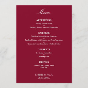 Stilvolles, elegantes Hochzeitsmenü aus Burgund Menükarte