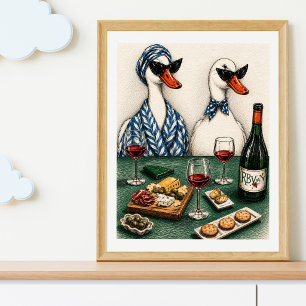 Stilvolles Entenpaar   Wein- und Käsekunst Poster