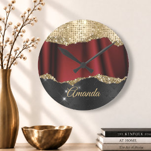 Stilvolles falsches Glitter Rot Gold schwarzes Mon Runde Wanduhr
