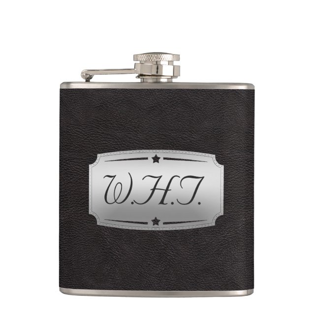 Stilvolles falsches schwarzes Leder-Druck-Monogram Flachmann (Vorderseite)