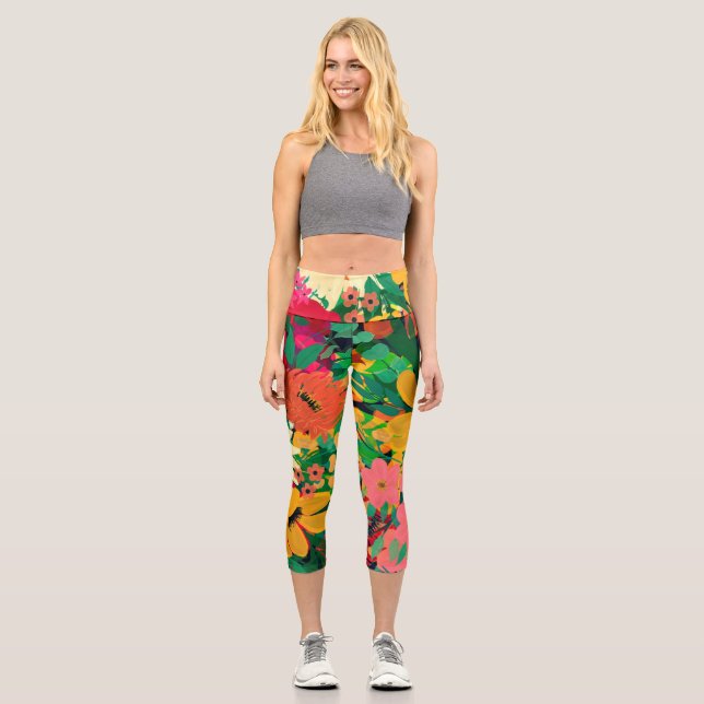 Stilvolles farbenfrohes, florales Design Capri Leggings (Vorderseite)