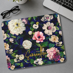 Stilvolles florales rosa Blumen blaues Monogramm-M Mousepad