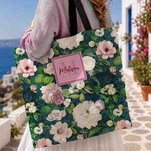 Stilvolles florales rosa Blumen grünes Monogramm-M