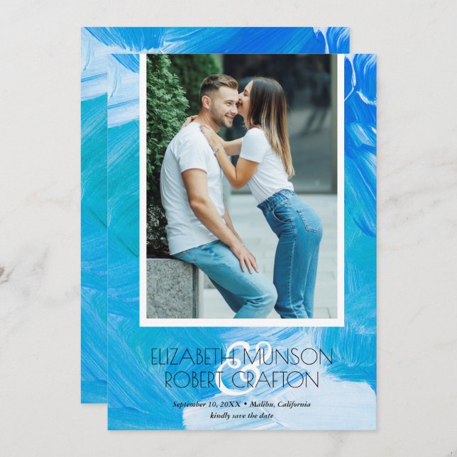 Stilvolles Foto Wedding Blue Save the Date (Vorne/Hinten)