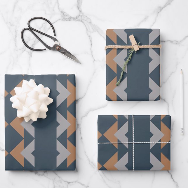 Stilvolles geometrisches Kilim Navy Blue Brown Mus Geschenkpapier Set (Vorderseite)