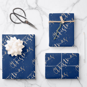 Stilvolles Gold Frohe Weihnachten auf Blau Geschenkpapier Set