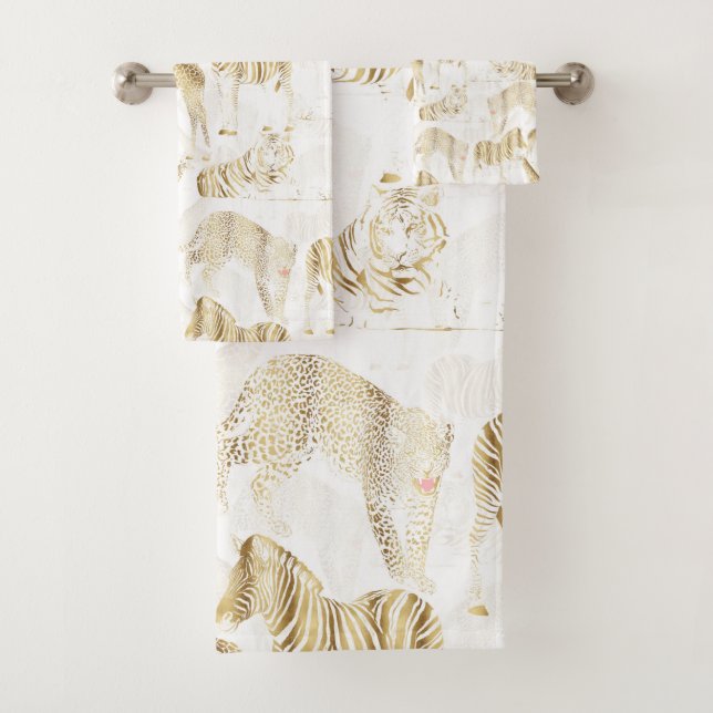Stilvolles Gold Jungle Wild Animals Muster Badhandtuch Set (Insitu)
