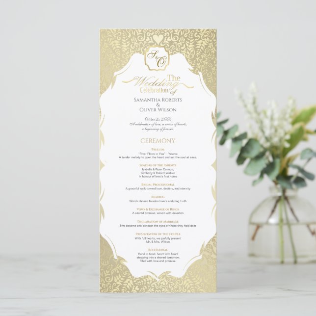 Stilvolles Gold Monogram Wedding Program Programm (Stehend Vorderseite)