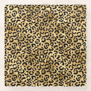 Stilvolles Gold- und Schwarzfolien-Leopardenmuster Glasuntersetzer