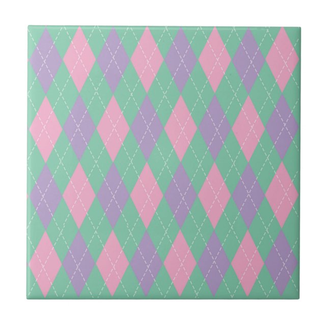 Stilvolles Grün Orange Pink Argyle-Muster Fliese (Vorderseite)