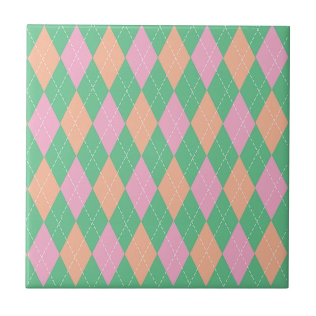 Stilvolles grün orange rosa Argyle-Muster Fliese (Vorderseite)