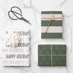 Stilvolles grünes Beige Happy Holidays Wrapping Pa Geschenkpapier Set