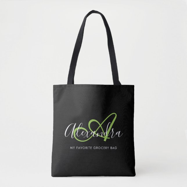 Stilvolles grünes Skript-Monogramm-Einkaufstasche (Vorderseite)