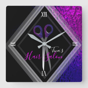 Stilvolles Haar-Salon-modernes lila u. schwarzes Quadratische Wanduhr