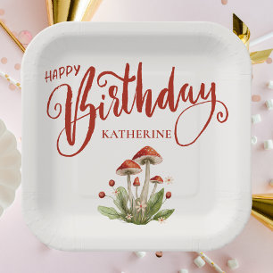 Stilvolles Happy Birthday Retro Mushroom Pappteller