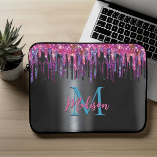 Stilvolles heißrosa blaues schwarzes Glitter-Tropf Laptopschutzhülle