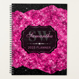 Stilvolles heißrosa Glitter und schwarze Ränder Mo Planer