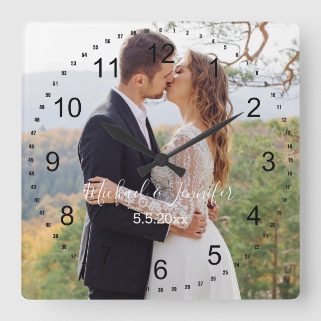 stilvolles Hochzeitstag Foto Quadratische Wanduhr (Vorderseite)