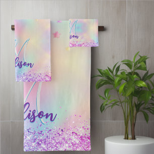 Stilvolles holografisches Einhorn tropft Glitter M Badhandtuch Set